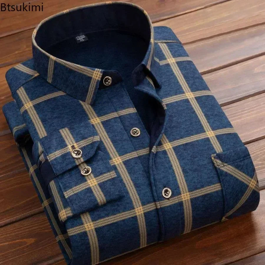 Men's Winter Warm Long Sleeve Plaid Shirts Flannel Fur Lined Thick Formal Shirts Fleece Casual Shirt for Men Dress Shirts