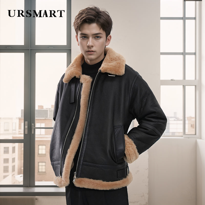 Leather and fur integrated men's leather jacket British trend thickened warmth winter new product sheep leather custom coat men