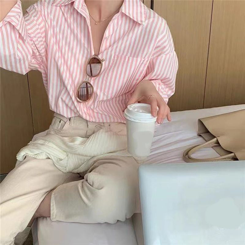 Striped Shirts Women Y2K Vintage Streetwear Long Sleeve Tops Korean Fashion Office Ladies Elegant Loose Casual Blouse New