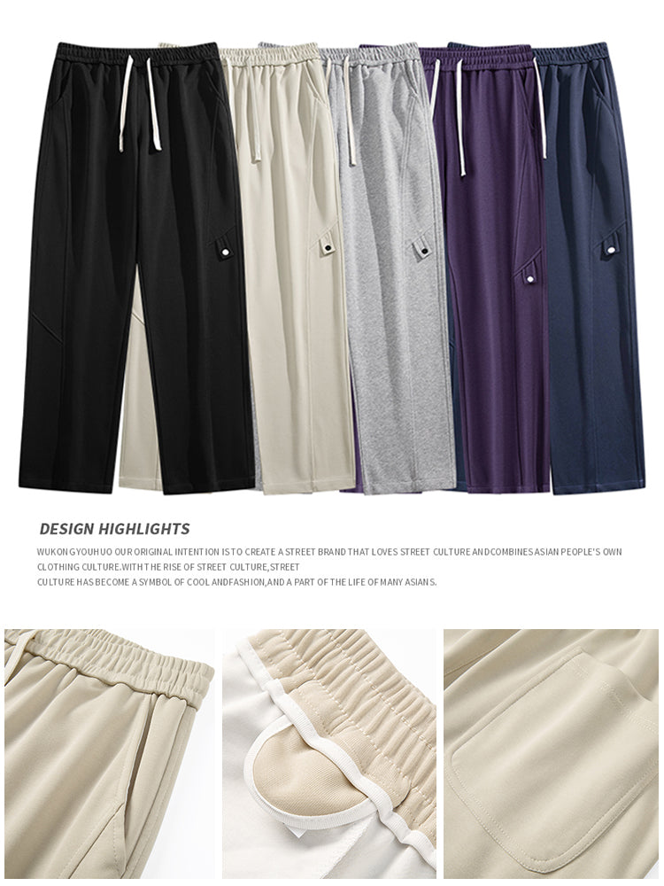 Men's Sweatpants Korean Fashion Solid Color String Banding Wide Leg Track Pants Straight Loose Cotton Trousers