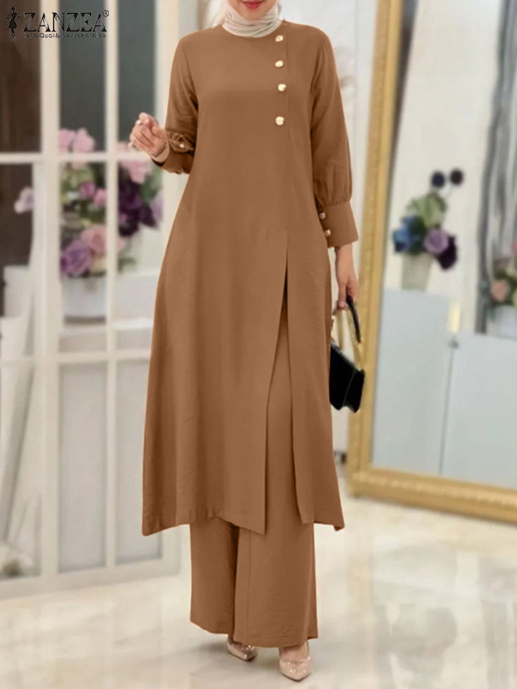 ZANZEA Muslim Abaya Suit Elegant Women Matching Sets Fashion Long Shirt Tops & Wide Leg Pants Ramadan Outfits Tracksuits