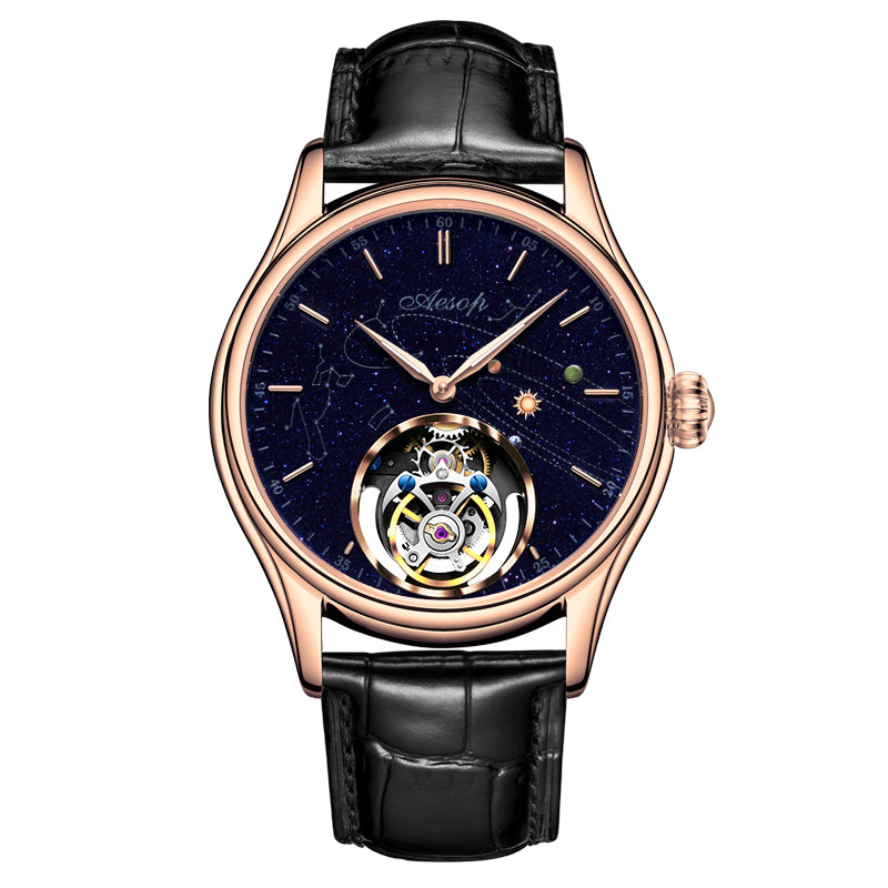 Super AESOP Flying Tourbillon Watch for Men Milky Way Star Sapphire Dial Luxury Steel Band Male Mechanical WristWatches 1963