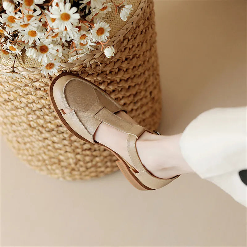 Summer Sandals Cowhide Round Toe Women Sandals Chunky Heel Women Shoes Cover Toe Shoes for Women Hollow Out Mary Jane Shoes