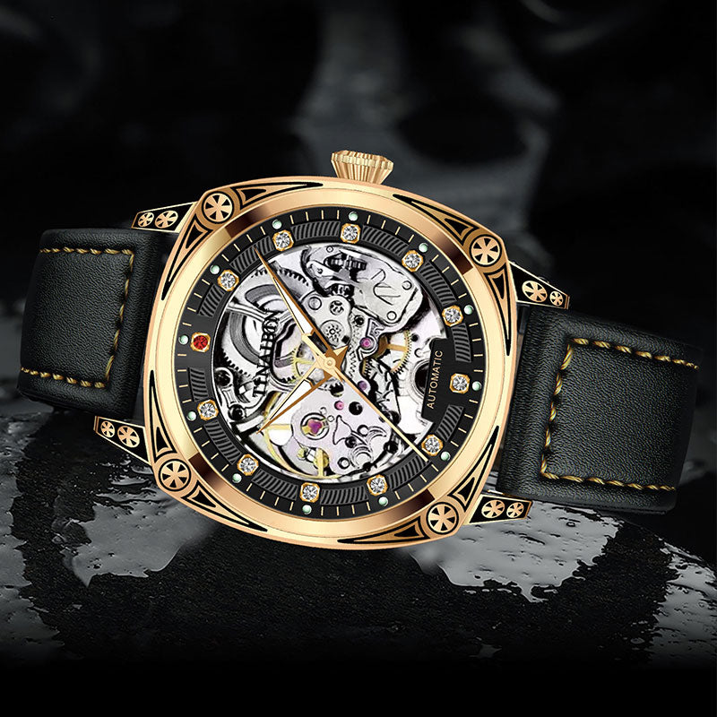 TINAIBIN Tourbillon Mechanical Men Watch Luxury Leather High-quality Hollow Skeleton Watch