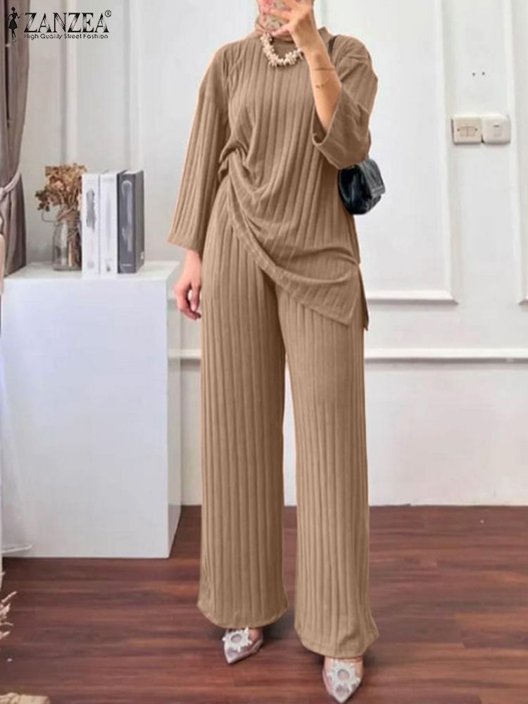 ZANZEA Women Muslim Matching Sets Autumn 2PCS Long Sleeve Blouse Wide Leg Pants Sets Fashion Tracksuit Winter Outifits Oversize