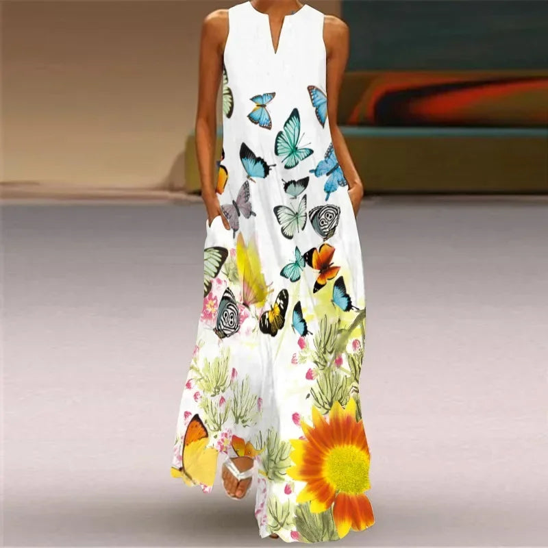 Women's summer Boho vintage maxi dress Women's pocket loose casual print A-line dresses