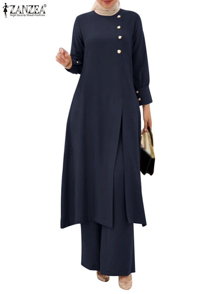 ZANZEA Muslim Abaya Suit Elegant Women Matching Sets Fashion Long Shirt Tops & Wide Leg Pants Ramadan Outfits Tracksuits