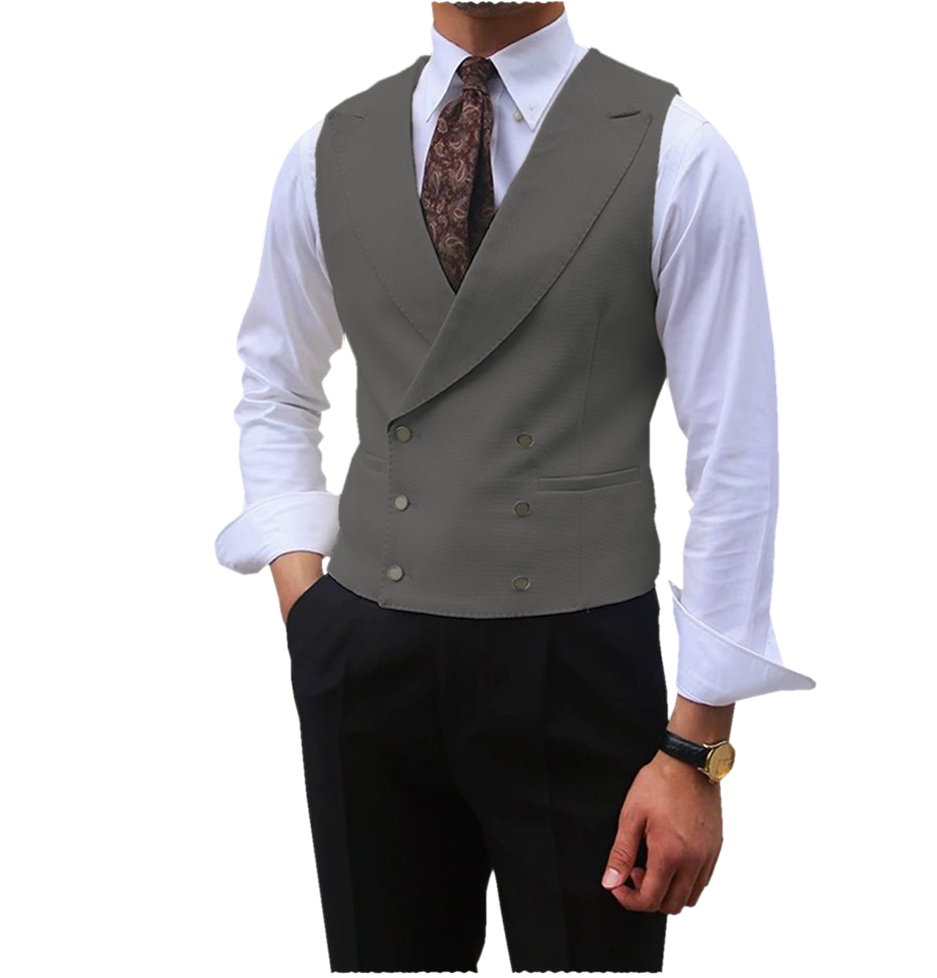 Men Vest Brown Solid Peaked Lapel Double Breasted Sleeveless Jacket Wedding Banquet Business Casual Slim Waistcoat