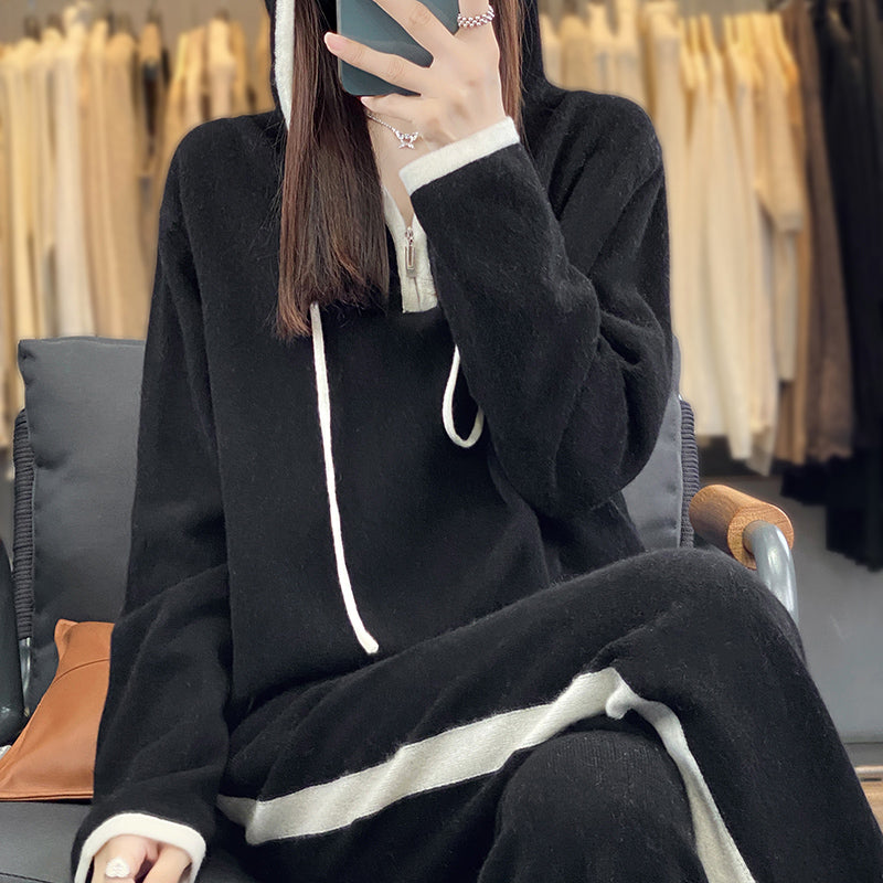 New Autumn Winter Hoodie 100% Wool Knit Suits Women's Hooded Knitted Pullover Loose Wide Leg Trousers Fashion High-Grade Suits