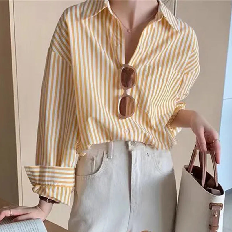 Striped Shirts Women Y2K Vintage Streetwear Long Sleeve Tops Korean Fashion Office Ladies Elegant Loose Casual Blouse New