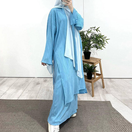 Arab Muslim Women Modest Dress 2024 New Mid Length Long Sleeve Wrinkled Pleated Robe Tops and Skirt Set Islam Abaya Robe