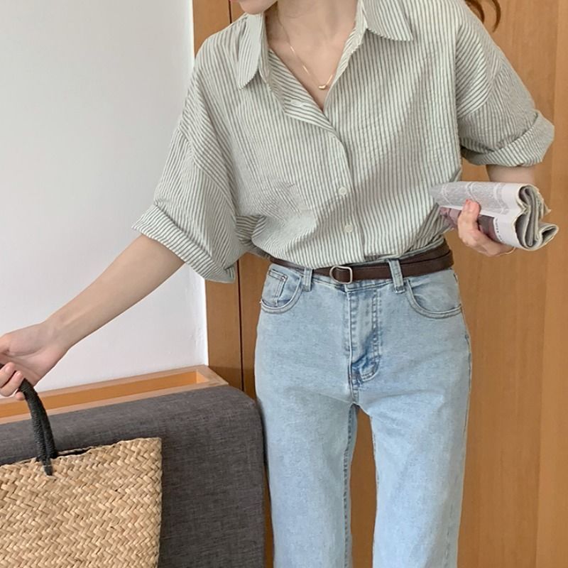 XEJ Elegant and Youth Woman Blouses Women's Clothing Spring Green Vertical Stripe Shirt Short Sleeve Chiffon Blouse Woman