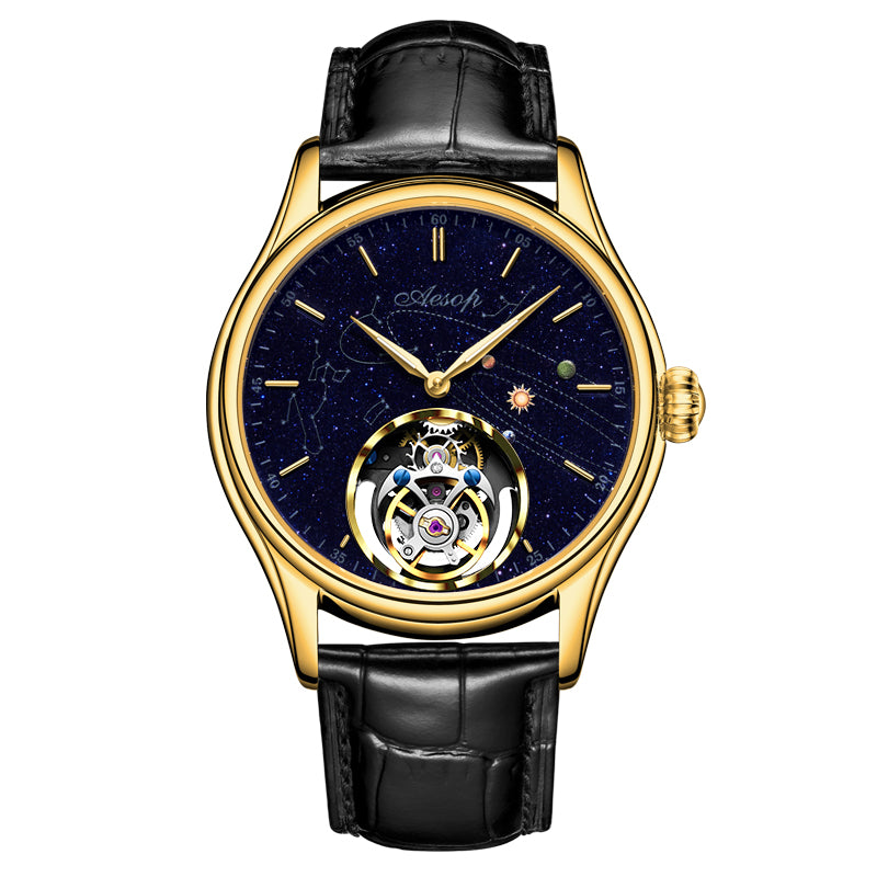 Super AESOP Flying Tourbillon Watch for Men Milky Way Star Sapphire Dial Luxury Steel Band Male Mechanical WristWatches 1963