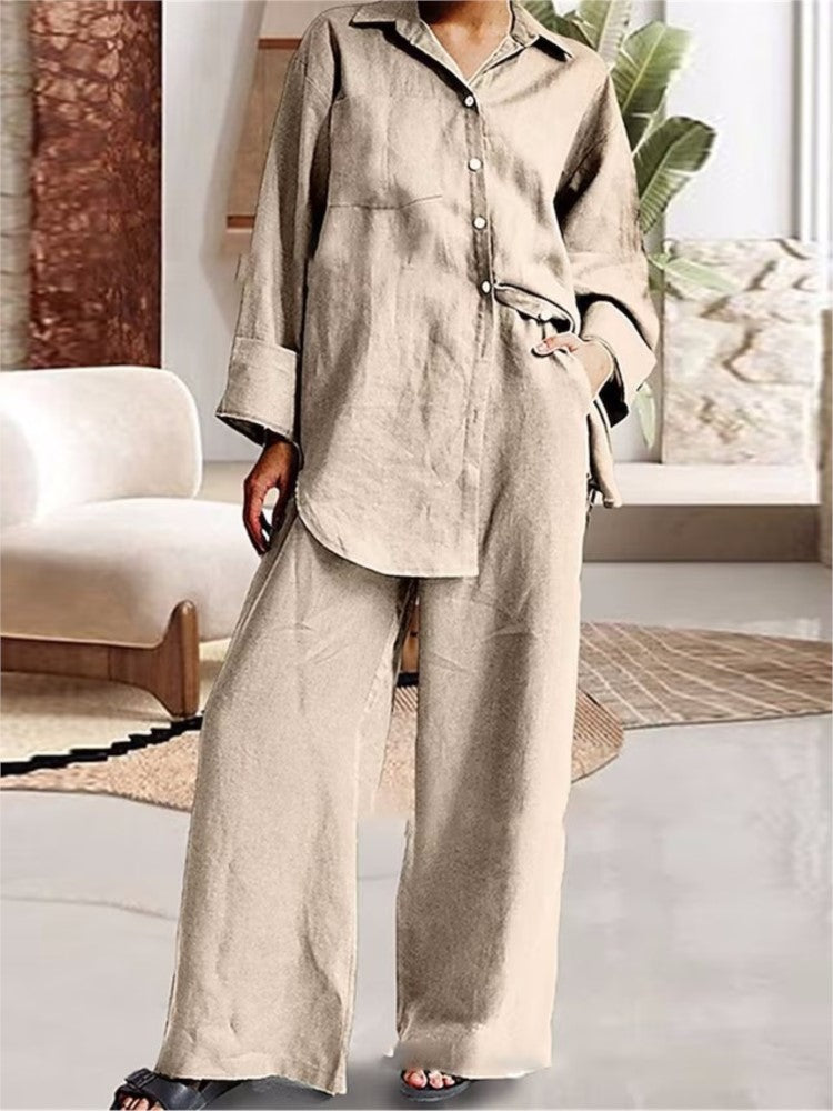 Autumn Winter New Cotton And Linen Pant Sets Women Casual Style Solid Color Loose Wide Legs Pants Two Piece Set Clothing Ladies