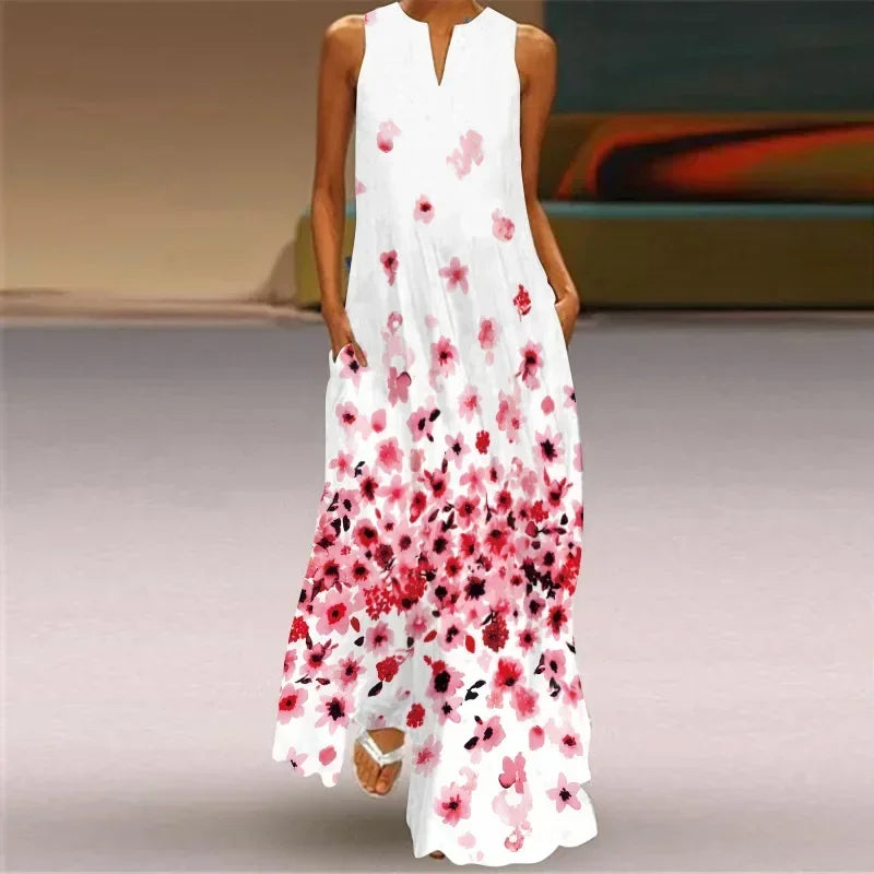 Women's summer Boho vintage maxi dress Women's pocket loose casual print A-line dresses