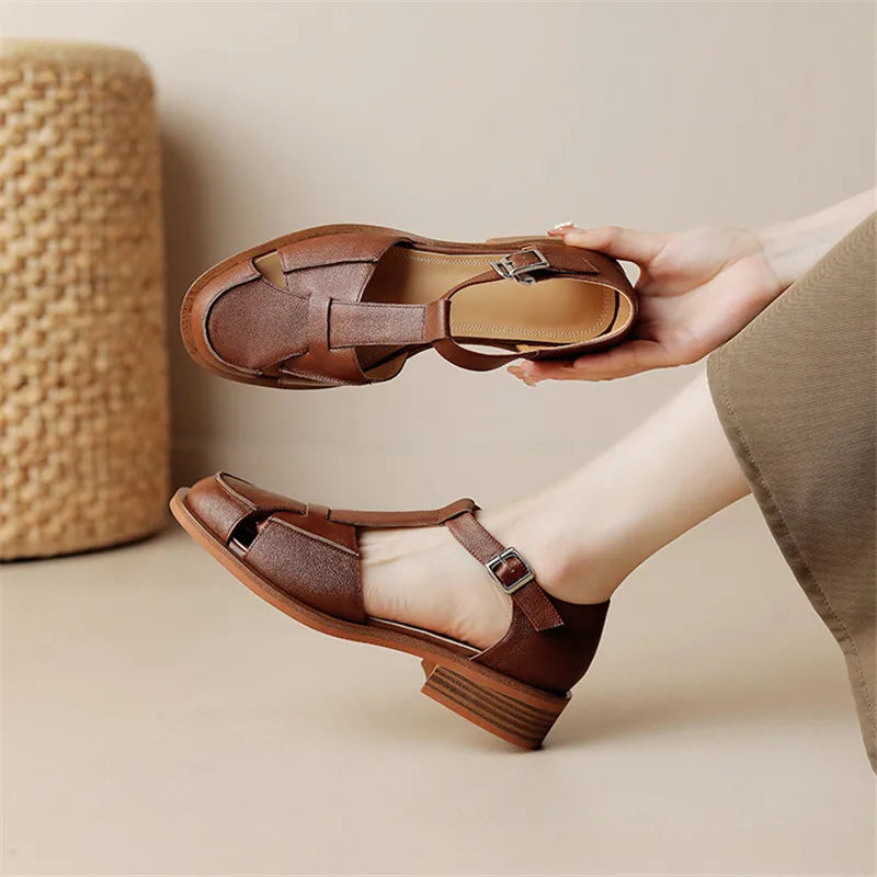 Summer Sandals Cowhide Round Toe Women Sandals Chunky Heel Women Shoes Cover Toe Shoes for Women Hollow Out Mary Jane Shoes