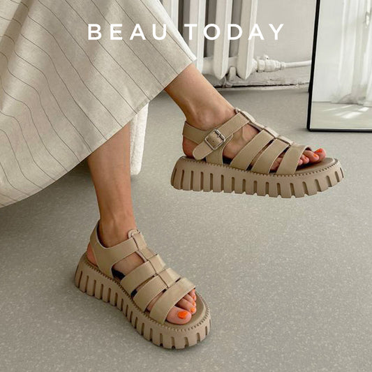 BeauToday Platform Sandals Women Open Toe Slingback Ankle Buckle Strap Genuine Leather Casual Outdoor Summer Female Shoes 38201