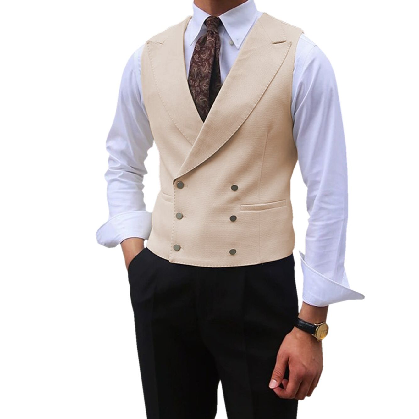 Men Vest Brown Solid Peaked Lapel Double Breasted Sleeveless Jacket Wedding Banquet Business Casual Slim Waistcoat