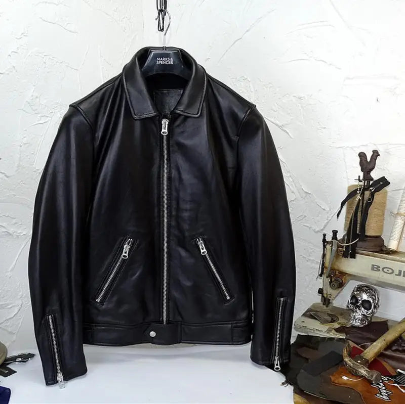 shipping.Casual YR!Free cheap black Spring short slim leather jacket. wholesales. quality men soft sheepskin clothes .drop-ship