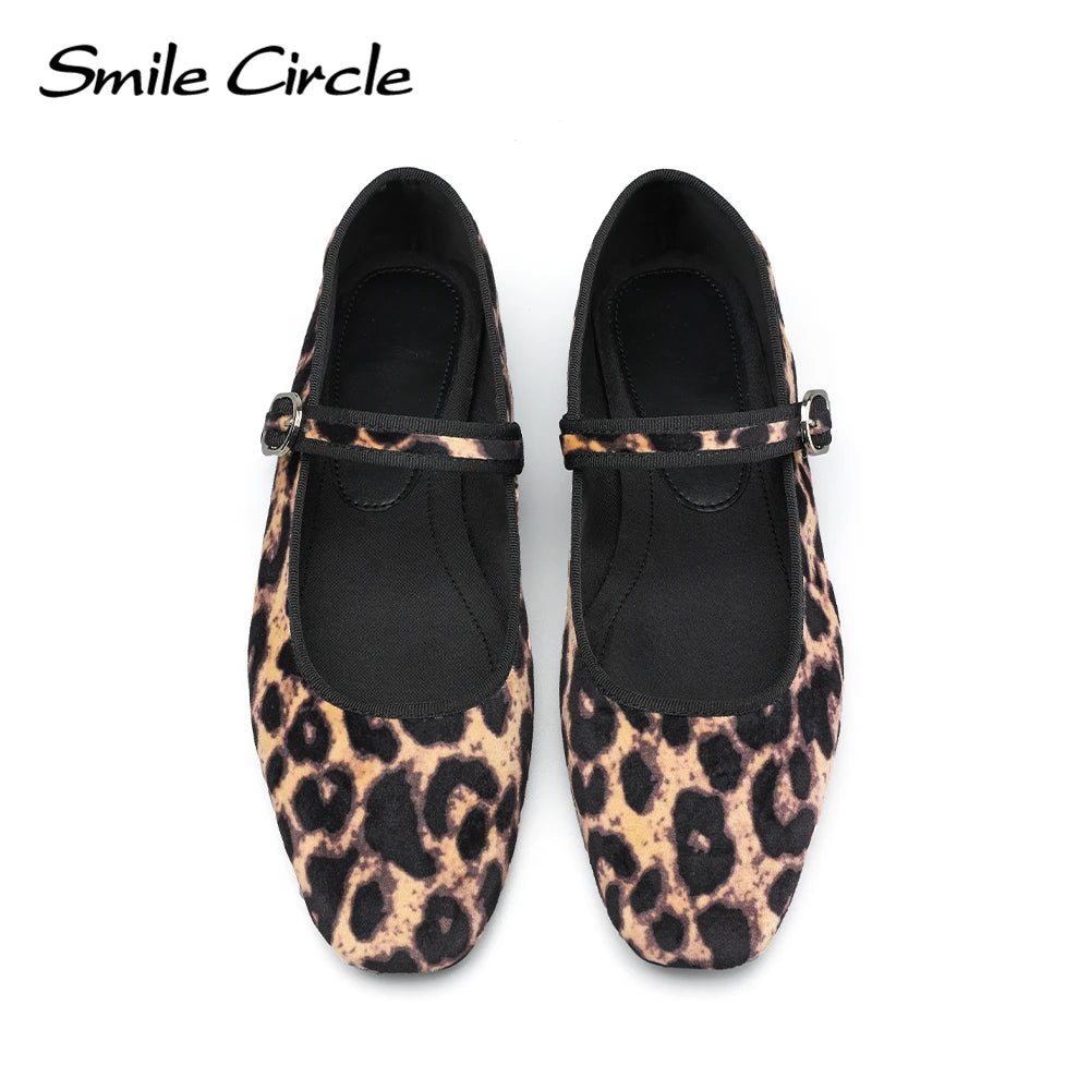 Smile Circle Velvet Mary Jane Ballet Flats Women Shoes Leopard Print Comfortable Soft Round Toe Flat Shoes for Women