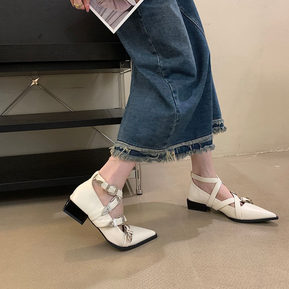 Pointed Toe Women Flat Loafers Belt Buckle Autumn Spring Fashion Party Pumps Black White Silver Loafers Shoes Low Heels 35-39