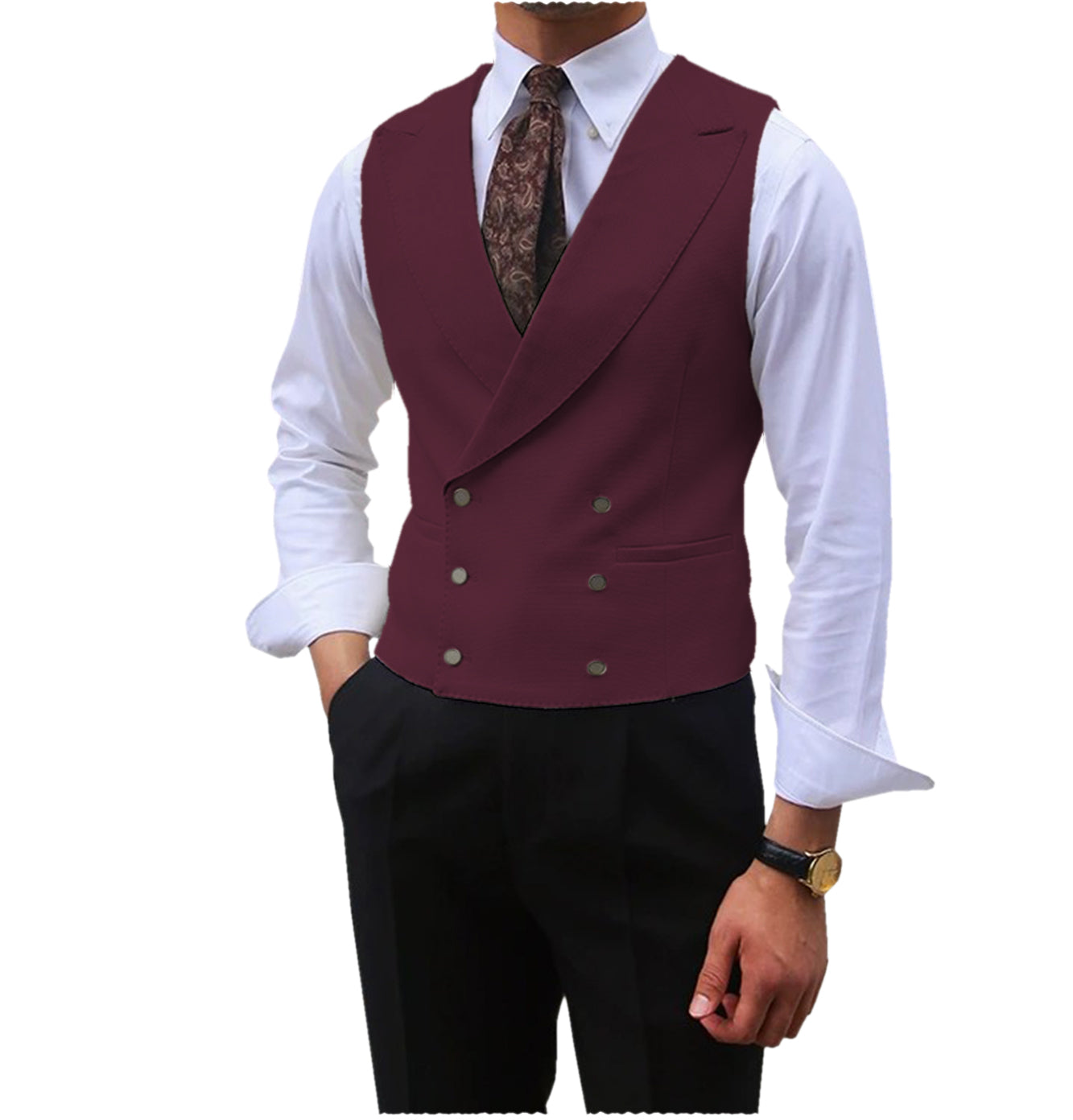 Men Vest Brown Solid Peaked Lapel Double Breasted Sleeveless Jacket Wedding Banquet Business Casual Slim Waistcoat