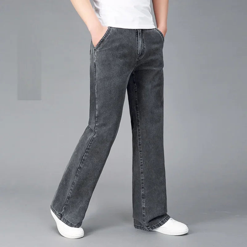 New Men's 2024 Summer Thin Light Weight Wide-Leg Straight Jeans Big Size Business Casual Flare Pants Black Blue High waist